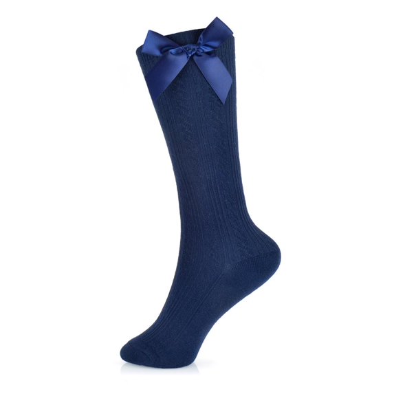 A2Z 4 Kids Girls Cable Knee High Cotton Rich Socks With Bow - Socks AZ408 Navy 3 Pack 3-6 (9-12)