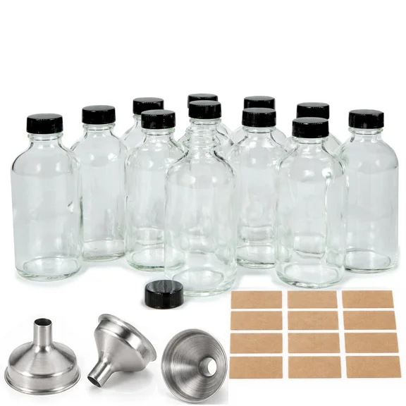 A2Z SCILAB 12-Pack 4 oz Glass Juice Shot Bottles with Lids, 120ml Clear Reusable Glass Bottles with Funnels & Labels