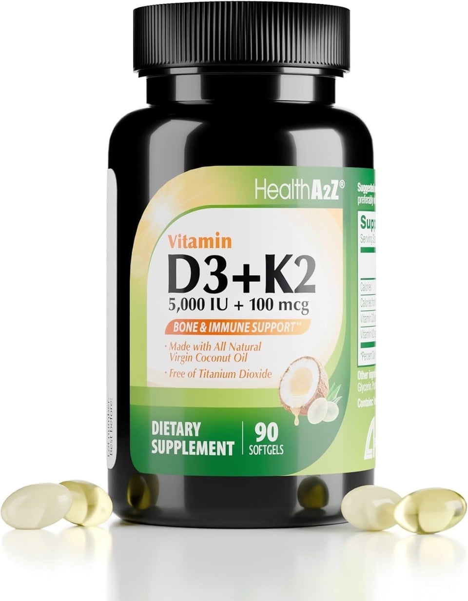 HealthA2Z Vitamin D3 (5,000 IU) + K2 (MK-7) Made with Virgin Coconut Oil (Natural MCTs) - 90 Softgels