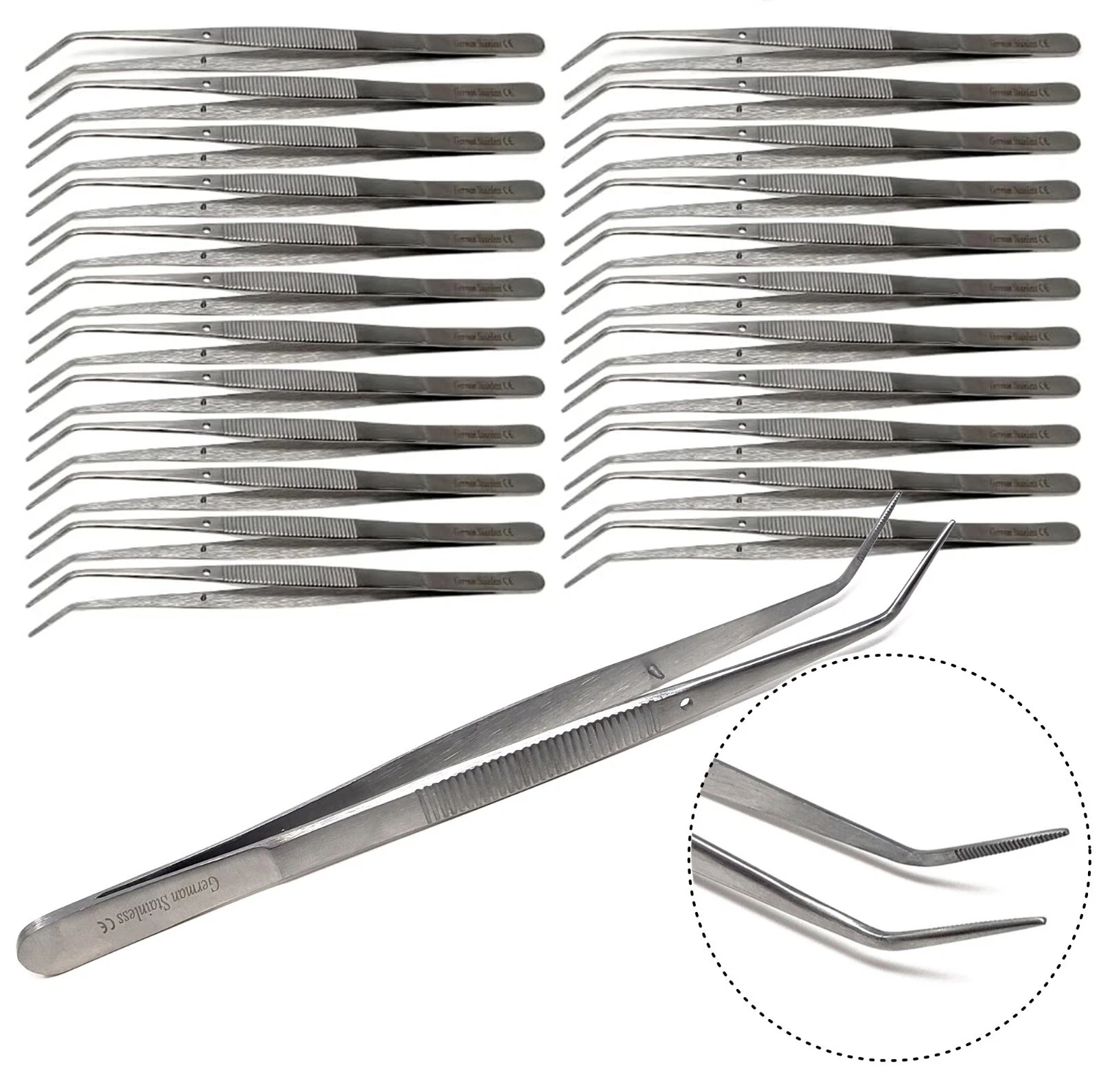 A2ZSCILAB 16cm Precision Bent Tip Clamp Tweezers, Serrated Stainless Steel, Knurled Grip x 24 pcs