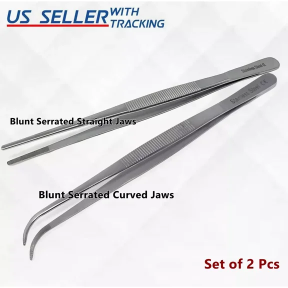 A2ZSCILAB- 8-Inch Fine Tweezer Tongs, 2pcs Extra-Long Stainless Steel Tweezers Tongs ( Straight & Curved)