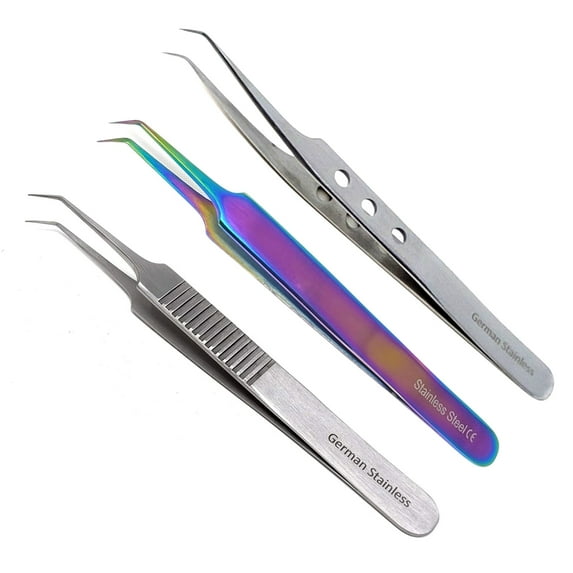 A2ZSCILAB Polished Stainless Steel Tweezers Kit Precision Tweezers Set For Eyelash Extension Facial Hair Eyebrows Nail Art, 3 PCS