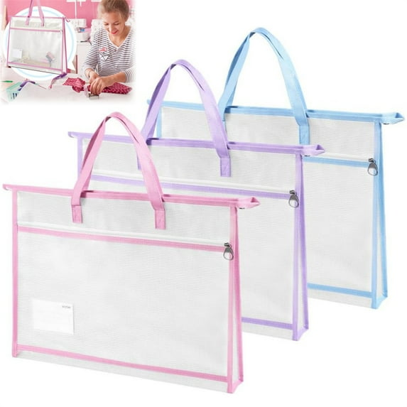 A3 Clear Mesh Sewing Bag,Project Bags for Quilting,Craft Storage Bag with Handle,Waterproof Folder Zipper Pouches,Colorful Document Organizers,for Home Classroom Office Quilting 3 Pcs