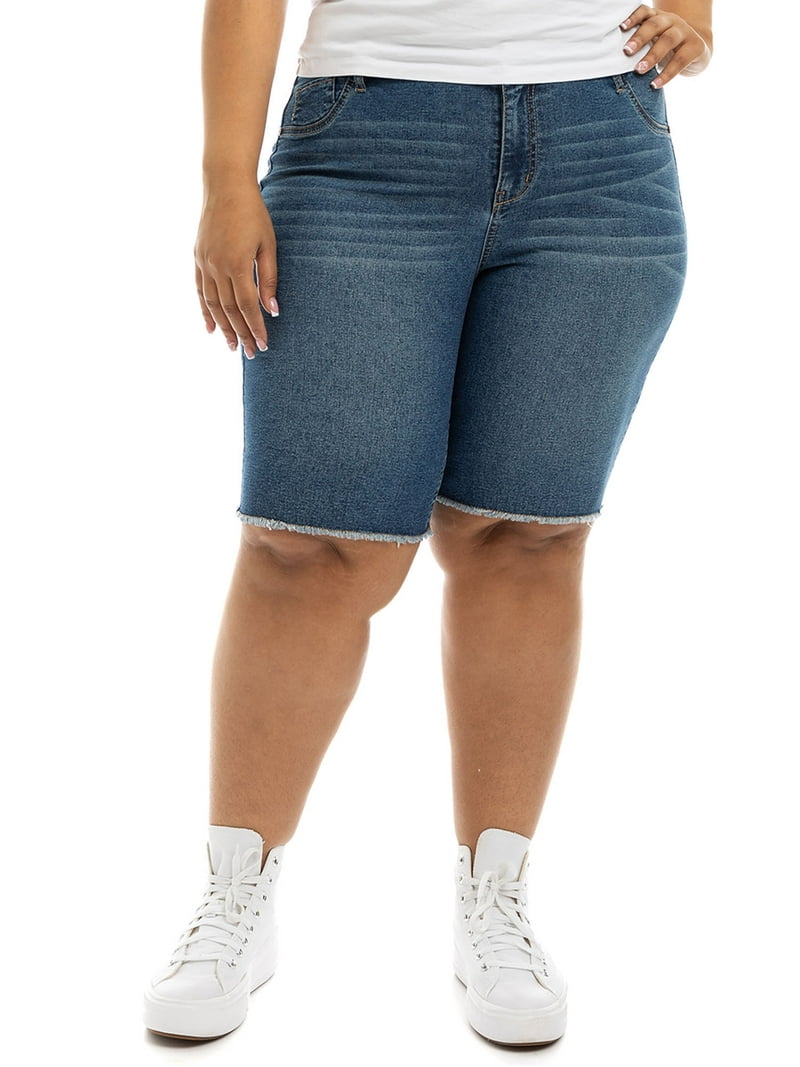 A3 Denim Women's Plus Size Fray Hem Bermuda Shorts, 11