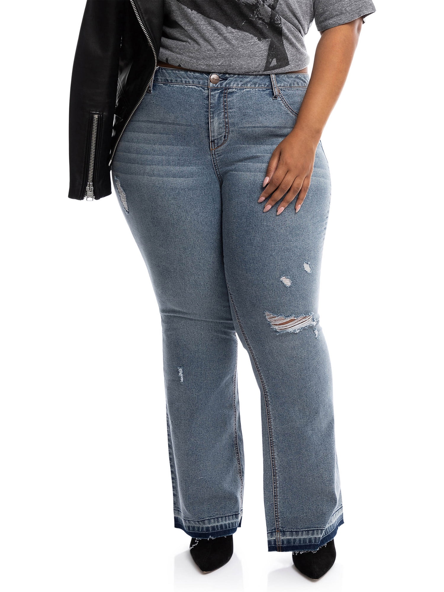 A3 Denim Women's Plus Size High Rise Released Raw Hem Flare Jeans