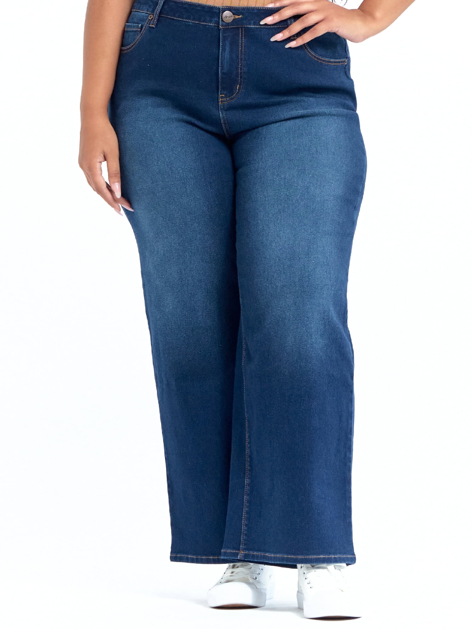 Levmjia Women's Jeans Plus Size Pants Clearance Summer Women Fashion High  Waist Wide Leg Stretch Thin Stitching Denim Flared Pants Dark Blue 