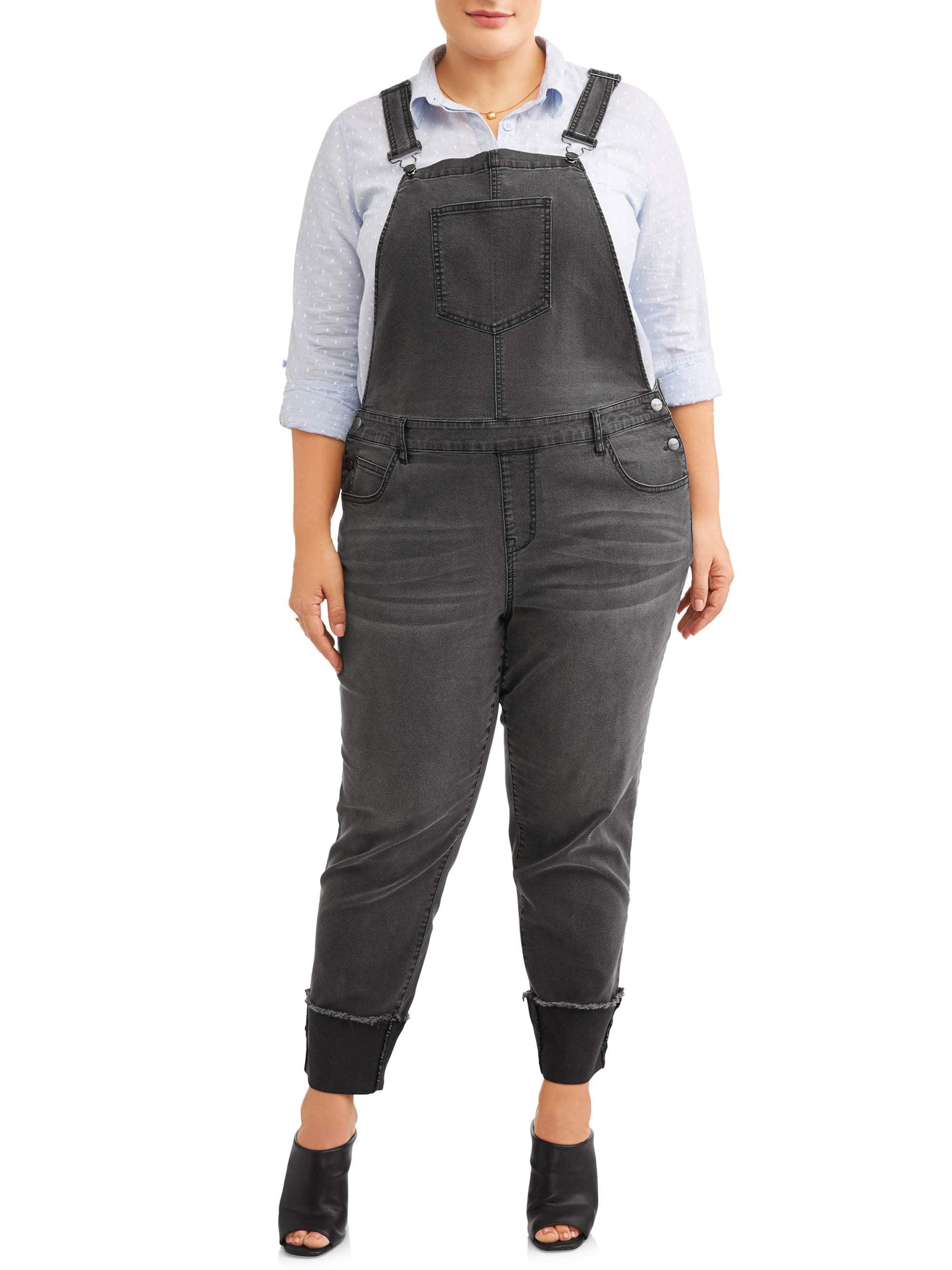 A3 Denim Women's Plus Size Stretch Denim Overalls with Cuffs, Sizes 16W