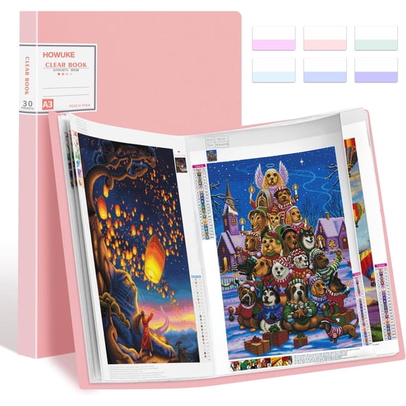 A3 Diamond Painting Storage Book, 60 Views Art Portfolio Presentations Folder with 30 Pages Protectors, 17.3x12.8in