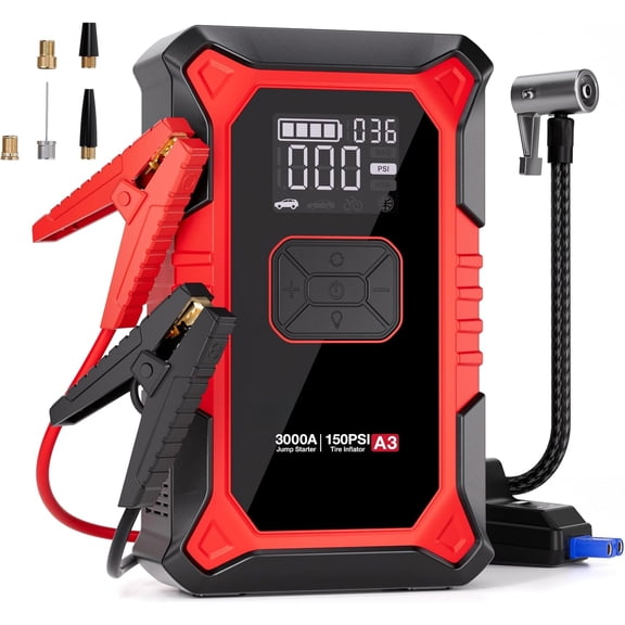 A3 Jump Starter with Air Compressor, 3000A Portable Car Battery Booster (9.0 Gas/6.5L Diesel) with 150PSI Auto-Shutoff Tire Inflator, 12V Supersafe Lithium Jump Box Car Battery Jumper Starter