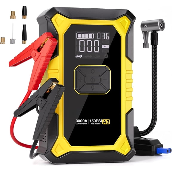 A3 Jump Starter with Air Compressor, 3000A Portable Car Battery Jumper Starter (9.0 Gas/6.5L Diesel) with 150PSI Auto-Shutoff Tire Inflator, 12V Supersafe Lithium Jump Box Car Booster, Yellow