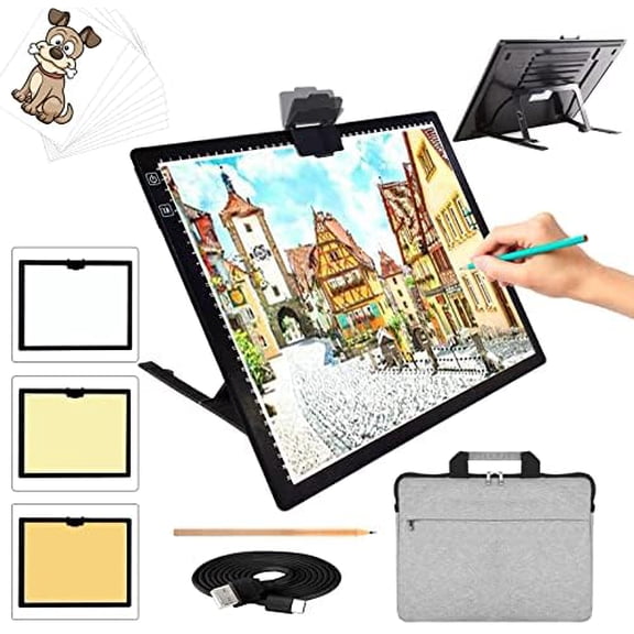 A3 LED Light Pad with Carry Bag,  Wireless Rechargeable Light Board with Stand and Top Magnetic Clip 3 Colors Stepless Dimmable 6 Levels Brightness Light Box for Diamond Painting Weeding Vinyl