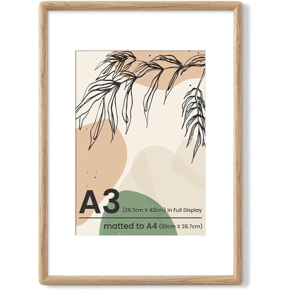 A3 Oak Frame - Rounded Corner A3 Picture Frame Matted to A4 - USA-Sourced Oak Wood Picture Frame with Tempered Glass for Wall Mount Display