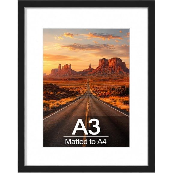 A3 Picture Frame with A4 Mat, Display A4 with Mat or A3 Without Mat, Photo Frame with Shatter-Resistant Plexiglass for Tabletop or Wall Display, Black, 1 Pack