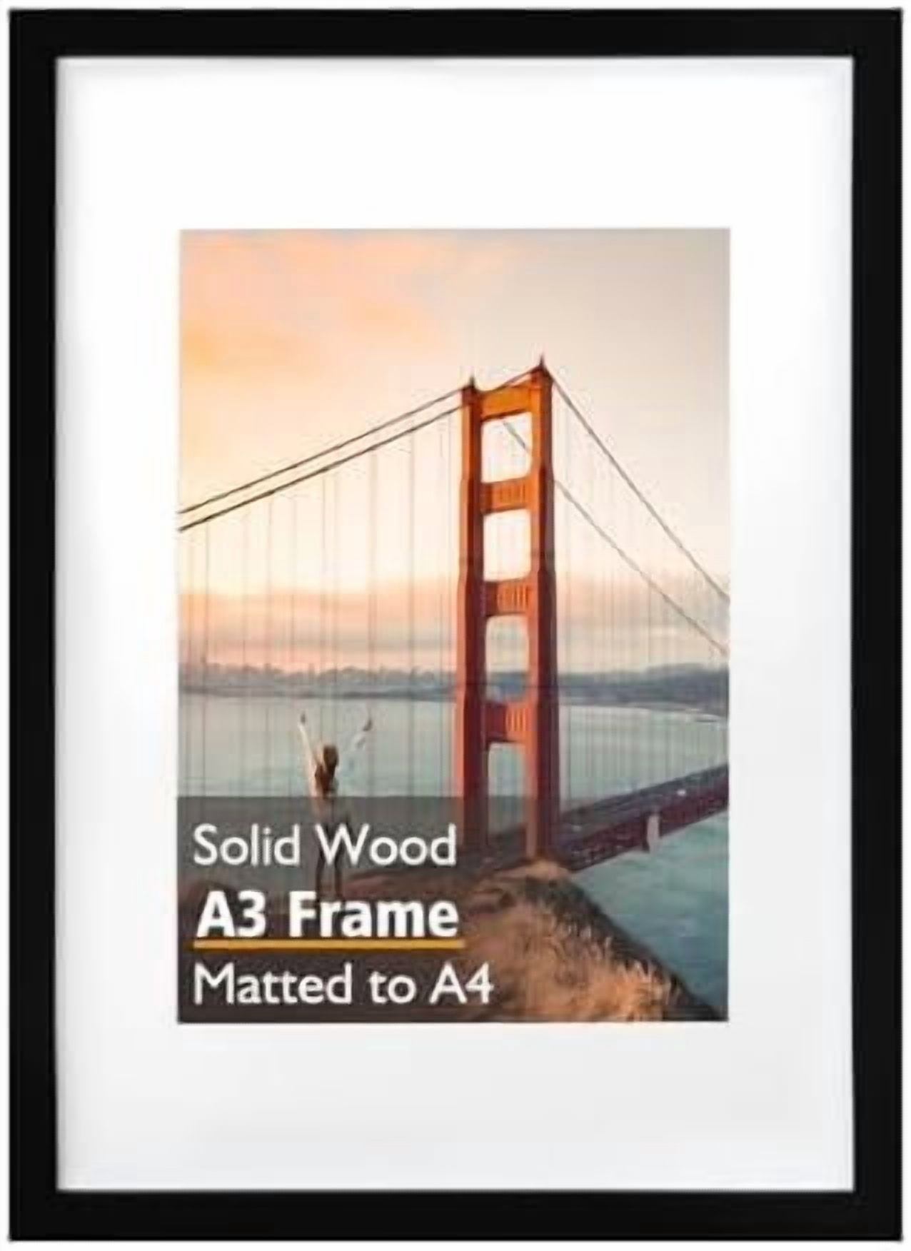A3 Picture Frame, Black Solid Wood Frame with Acrylic Plexiglass for Pictures A4 with Mat or A3 without Mat, Wall Display Poster Frame 1 Pack