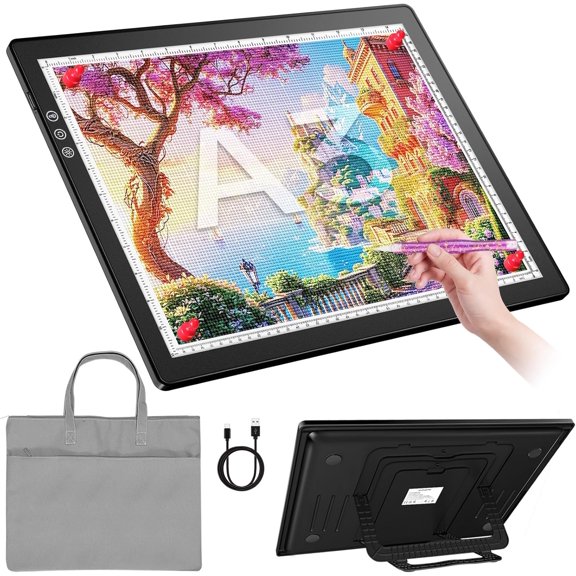 A3 Rechargeable Light Box for Diamond Painting, 8 Adjustable Angles LED Light Pad with 3 Color Temp., 8 + Stepless Dimming, 2500mAh Battery, Light Table for Artists Tracing Drawing (Black)