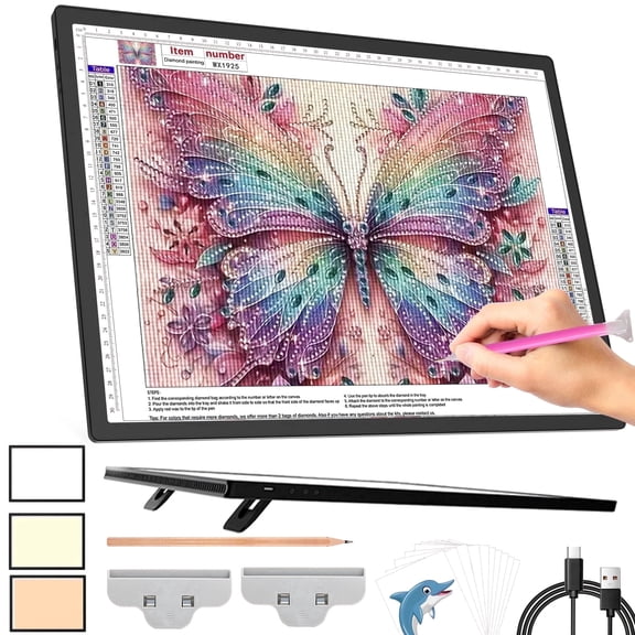 A3 Rechargeable Light Box with Stand/Clips,Led Light Pad for Diamond Painting,3 Colors Dimmable and 6 Level Dimming Light Table for Diamond Painting,Drawing,Sketching,