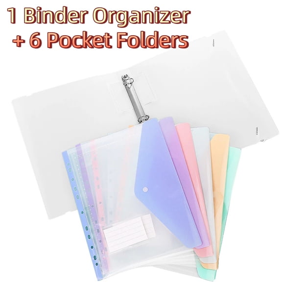 A4 3-Ring Binder with 6 Pastel 11-Hole Snap-Closure Folders, Refillable Storage Book Cover for 3-Hole Planner Inserts