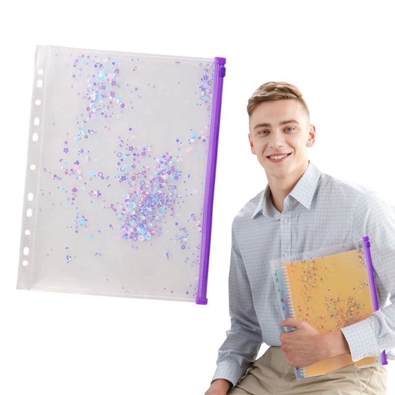 A4 Clear Plastic Zipper Binder Pocket, 12 x 15 Inch Waterproof Sequin Decor Document Envelope Folder, Portable Notebook Planner Card Storage Organizer Pouch For Office School Filing Paper Sorting