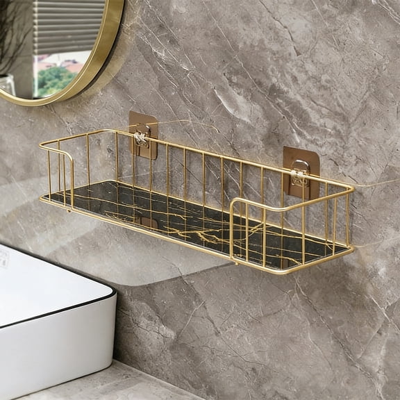 Bathroom Wall Shelf Organizer No Drill Iron Storage Rack Strong Adhesive Mount Toiletries Shampoo Cosmetics Space Saving For Bathroom Kitchen Bedroom Vanity Countertop Organization Use