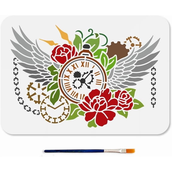 A4 Clock Wings Flower Stencil 11.78.3inch Vintage Lock Chain Time Stencil with Paint Brush Floral Gear Clock Template DIY