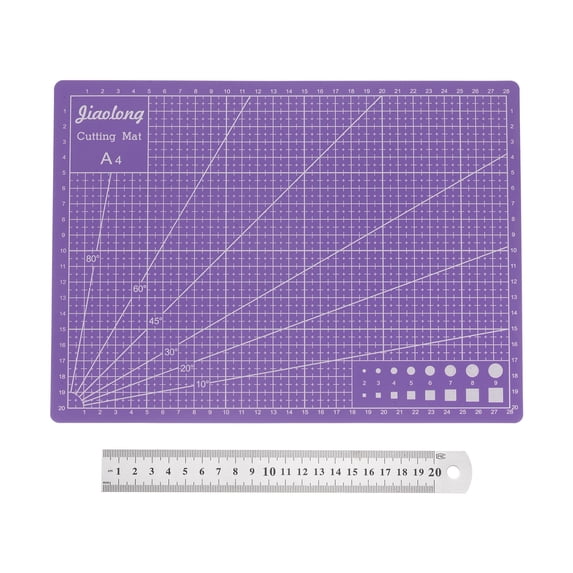 A4 Cutting Mat 12" x 9" Purple Craft Mat Non-Slip Cutting Board with 8" Stainless Steel Ruler for Sewing Quilting