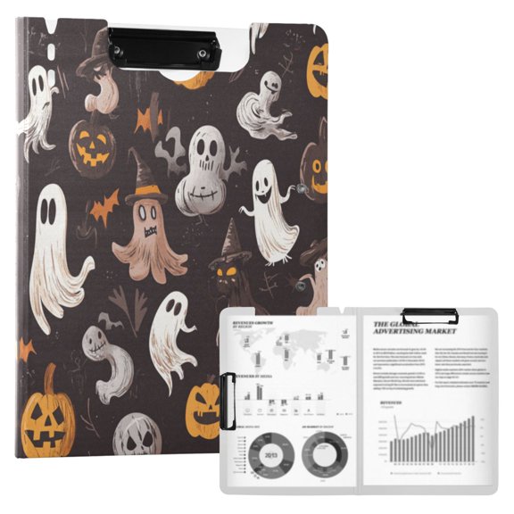 A4 Double Clip File Folder 18.9x12.6in Clipboards Foldable Binder Holds 80 Sheets Project Folder for Office, Home Halloween-themed Cartoonish Ghosts Characters