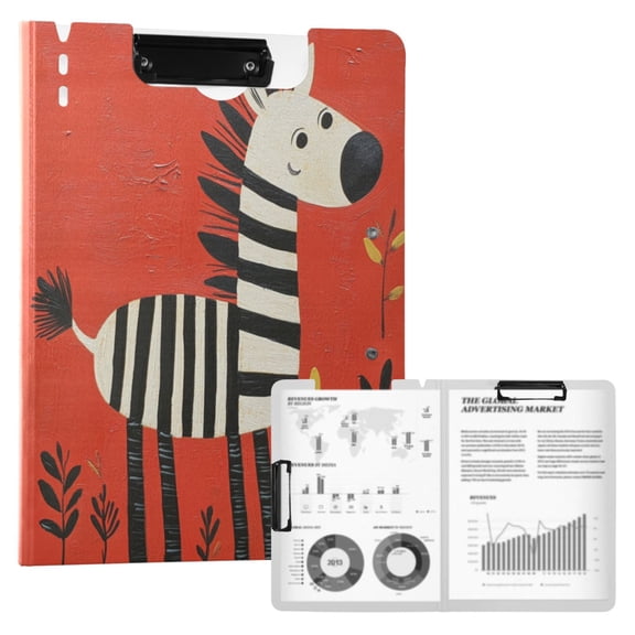 A4 Double Clip File Folder 18.9x12.6in Clipboards Foldable Binder Holds 80 Sheets Project Folder for Office, Home A Zebra