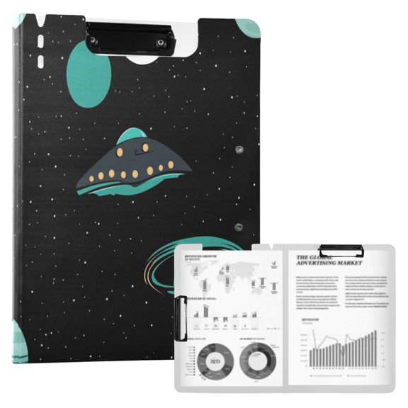 A4 Double Clip File Folder 18.9x12.6in Clipboards Foldable Binder Holds 80 Sheets Project Folder for Office, Home Alien Spaceship
