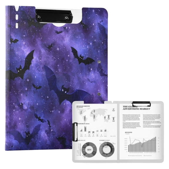 A4 Double Clip File Folder 18.9x12.6in Clipboards Foldable Binder Holds 80 Sheets Project Folder for Office, Home Bats in The Night Sky