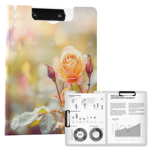 A4 Double Clip File Folder 18.9x12.6in Clipboards Foldable Binder Holds 80 Sheets Project Folder for Office, Home Beautiful Rose
