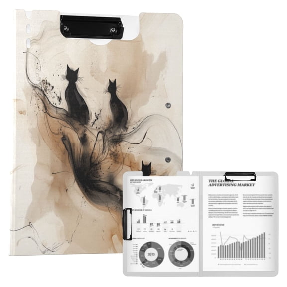 A4 Double Clip File Folder 18.9x12.6in Clipboards Foldable Binder Holds 80 Sheets Project Folder for Office, Home Beige and Black Swirling Shapes