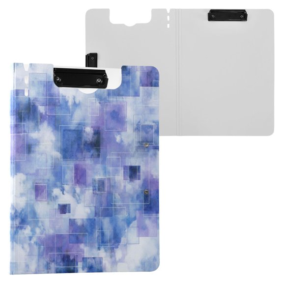 A4 Double Clip File Folder 18.9x12.6in Clipboards Foldable Binder Holds 80 Sheets Project Folder for Office, Home Blue Squares and Shapes
