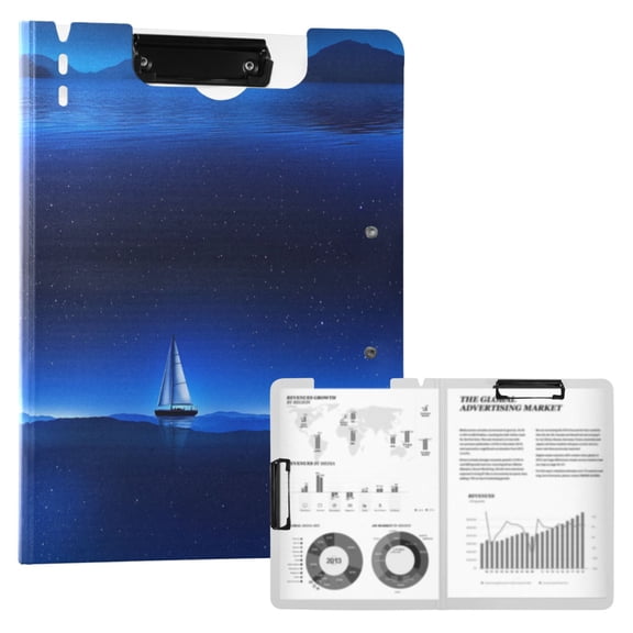 A4 Double Clip File Folder 18.9x12.6in Clipboards Foldable Binder Holds 80 Sheets Project Folder for Office, Home Blue Starry Sky Sailing Boat