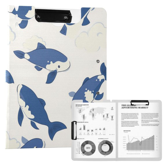 A4 Double Clip File Folder 18.9x12.6in Clipboards Foldable Binder Holds 80 Sheets Project Folder for Office, Home Blue and White Fish