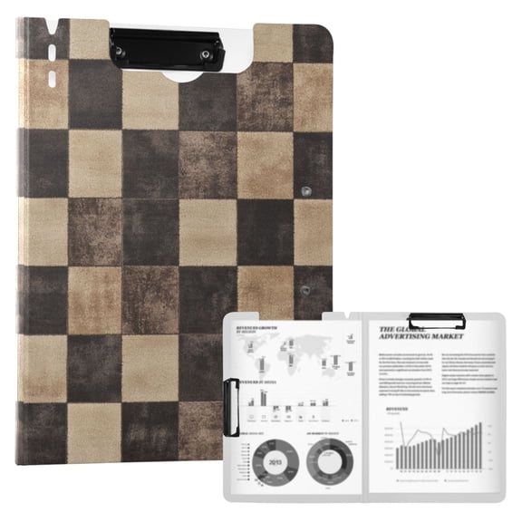 A4 Double Clip File Folder 18.9x12.6in Clipboards Foldable Binder Holds 80 Sheets Project Folder for Office, Home Brown and Black Tartan