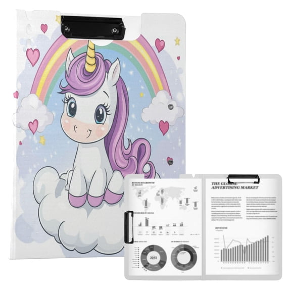 A4 Double Clip File Folder 18.9x12.6in Clipboards Foldable Binder Holds 80 Sheets Project Folder for Office, Home Cartoon Unicorn Sitting on A Cloud