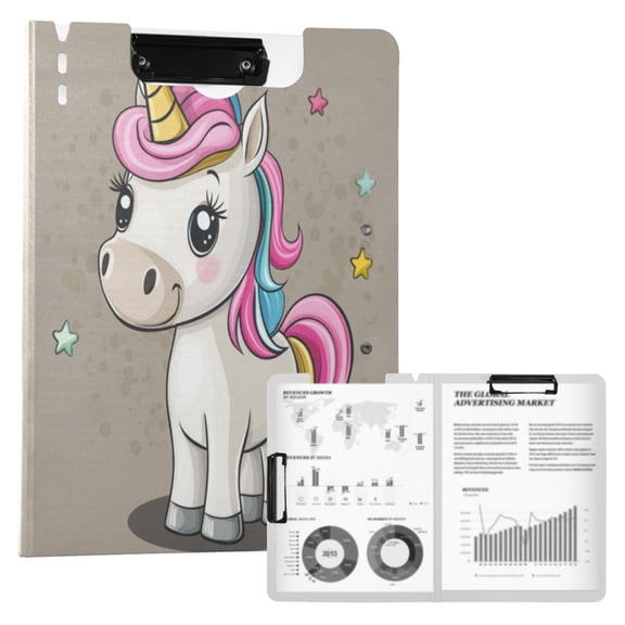 A4 Double Clip File Folder 18.9x12.6in Clipboards Foldable Binder Holds 80 Sheets Project Folder for Office, Home Cartoon Unicorn