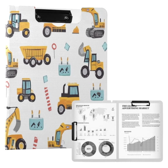 A4 Double Clip File Folder 18.9x12.6in Clipboards Foldable Binder Holds 80 Sheets Project Folder for Office, Home Construction Trucks and Excavators