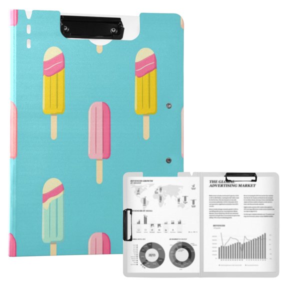 A4 Double Clip File Folder 18.9x12.6in Clipboards Foldable Binder Holds 80 Sheets Project Folder for Office, Home Cute Summer Popsicle