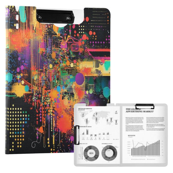 A4 Double Clip File Folder 18.9x12.6in Clipboards Foldable Binder Holds 80 Sheets Project Folder for Office, Home Data Streams Pattern