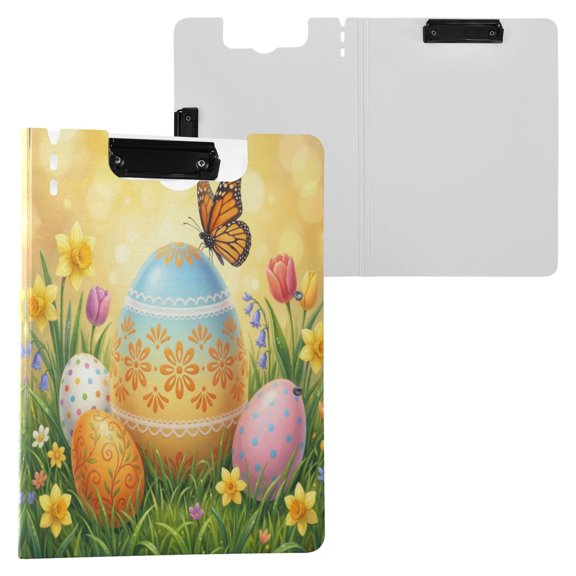 A4 Double Clip File Folder 18.9x12.6in Clipboards Foldable Binder Holds 80 Sheets Project Folder for Office, Home Decorated Eggs and Flowers