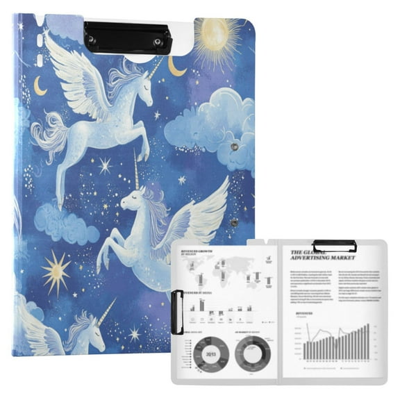 A4 Double Clip File Folder 18.9x12.6in Clipboards Foldable Binder Holds 80 Sheets Project Folder for Office, Home Enchanting Unicorn Pattern