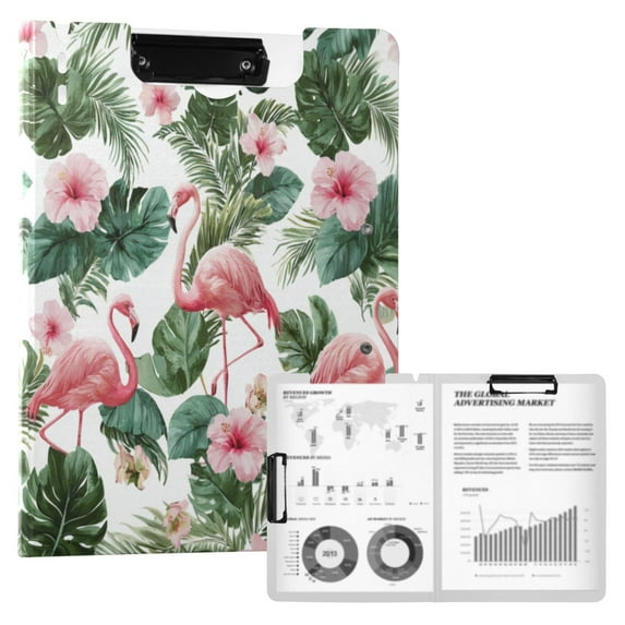 A4 Double Clip File Folder 18.9x12.6in Clipboards Foldable Binder Holds 80 Sheets Project Folder for Office, Home Flamingo and Tropical Leaves