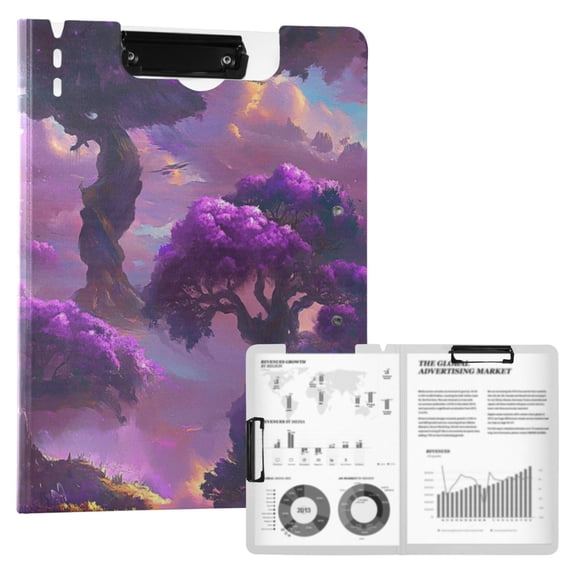 A4 Double Clip File Folder 18.9x12.6in Clipboards Foldable Binder Holds 80 Sheets Project Folder for Office, Home Giant Purple Tree