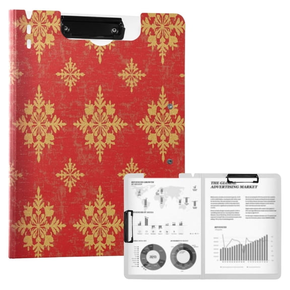 A4 Double Clip File Folder 18.9x12.6in Clipboards Foldable Binder Holds 80 Sheets Project Folder for Office, Home Golden Snowflakes