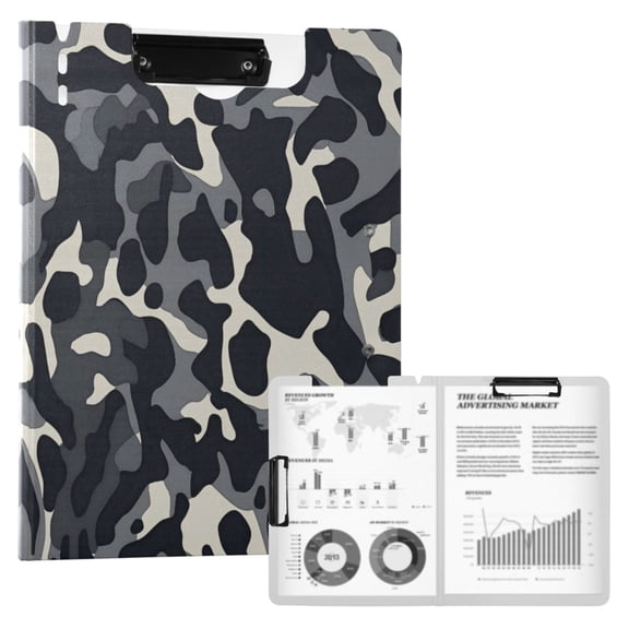 A4 Double Clip File Folder 18.9x12.6in Clipboards Foldable Binder Holds 80 Sheets Project Folder for Office, Home Gray Camouflage