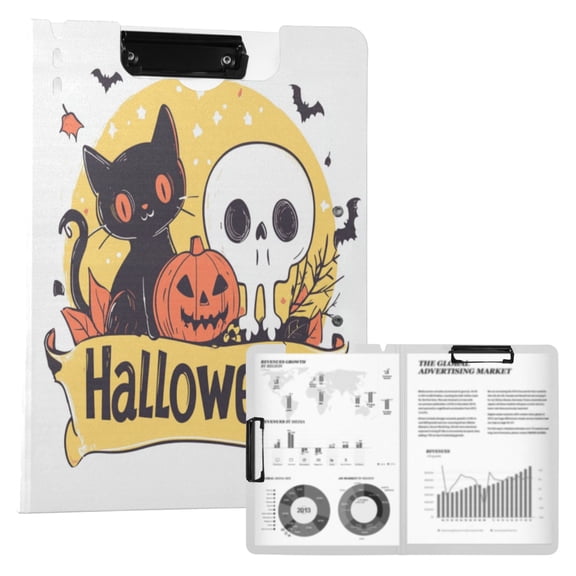 A4 Double Clip File Folder 18.9x12.6in Clipboards Foldable Binder Holds 80 Sheets Project Folder for Office, Home Halloween-themed Logo