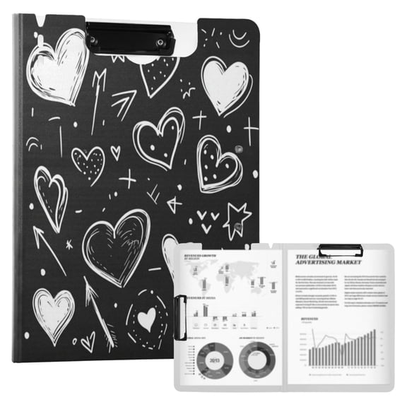 A4 Double Clip File Folder 18.9x12.6in Clipboards Foldable Binder Holds 80 Sheets Project Folder for Office, Home Heart on Black Background