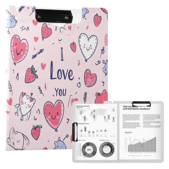 A4 Double Clip File Folder 18.9x12.6in Clipboards Foldable Binder Holds 80 Sheets Project Folder for Office, Home Hearts and Arrows Pattern