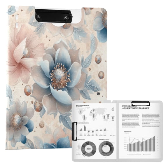 A4 Double Clip File Folder 18.9x12.6in Clipboards Foldable Binder Holds 80 Sheets Project Folder for Office, Home Large Glitter Flowers